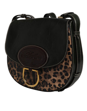 Dolce & Gabbana Schwarzbraune Leopardenleder-Schulterriemen-Tasche
