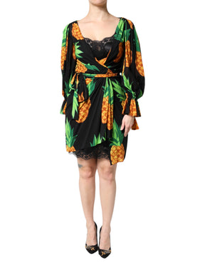 Dolce & Gabbana Schwarzes Seiden-Wickelkleid mit drapiertem Ananas-Print