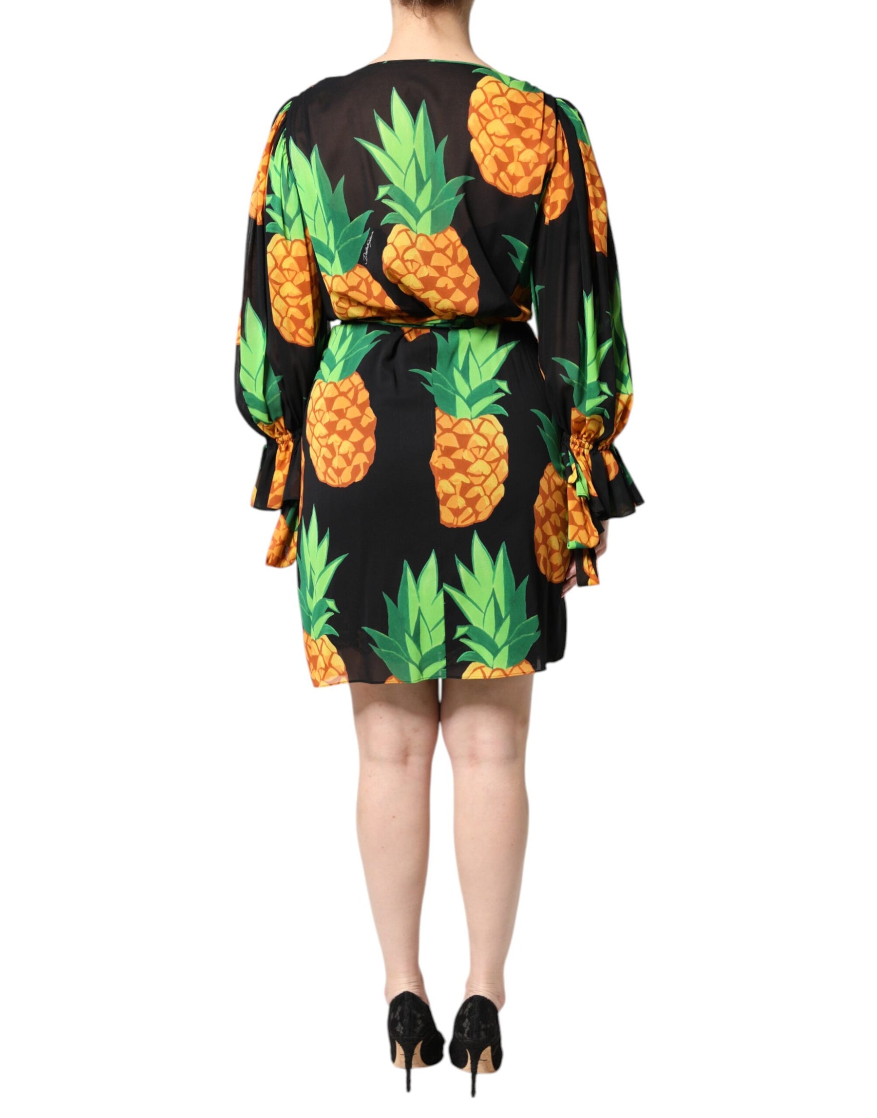 Dolce & Gabbana Schwarzes Seiden-Wickelkleid mit drapiertem Ananas-Print