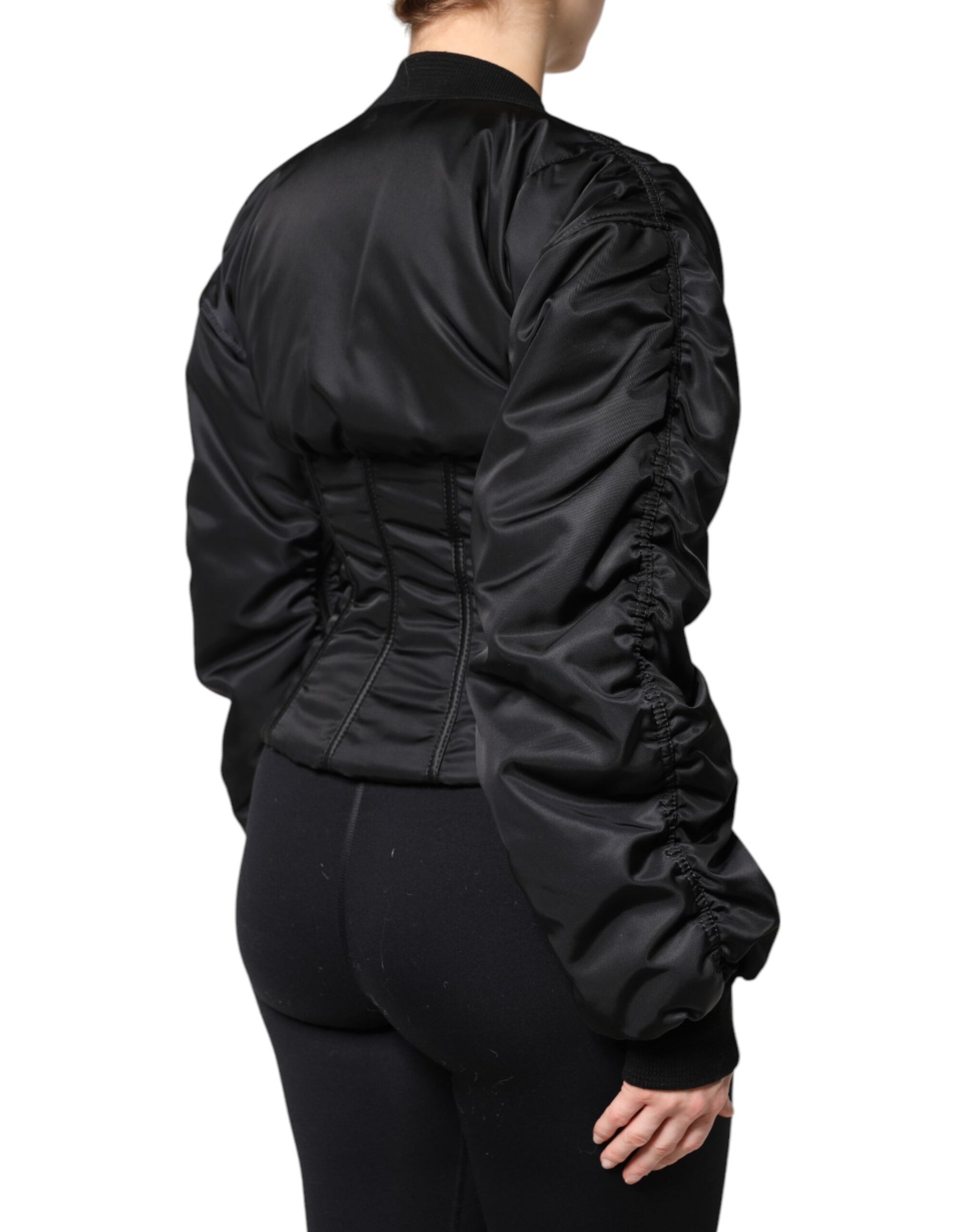 Dolce & Gabbana Schwarzes Nylon Full Zip Bustier Korsett Jacke