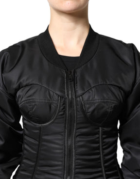 Dolce & Gabbana Schwarzes Nylon Full Zip Bustier Korsett Jacke