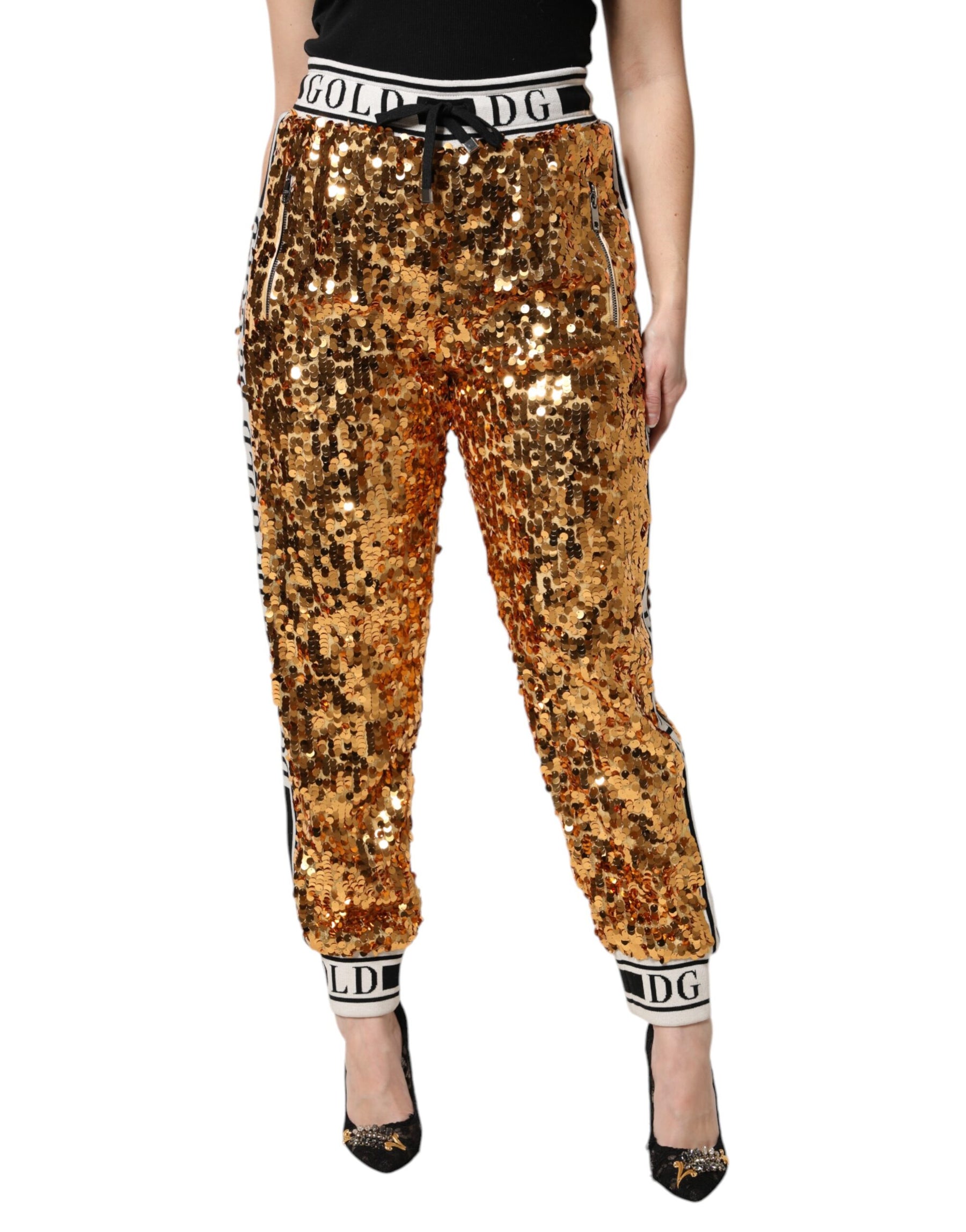 Dolce & Gabbana Metallic-Gold DG Logo Pailletten-Jogger-Hose