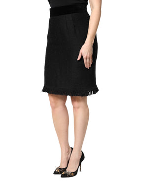 Dolce & Gabbana Schwarzer Bleistiftminirock mit hoher Taille und Fransen aus Wolle