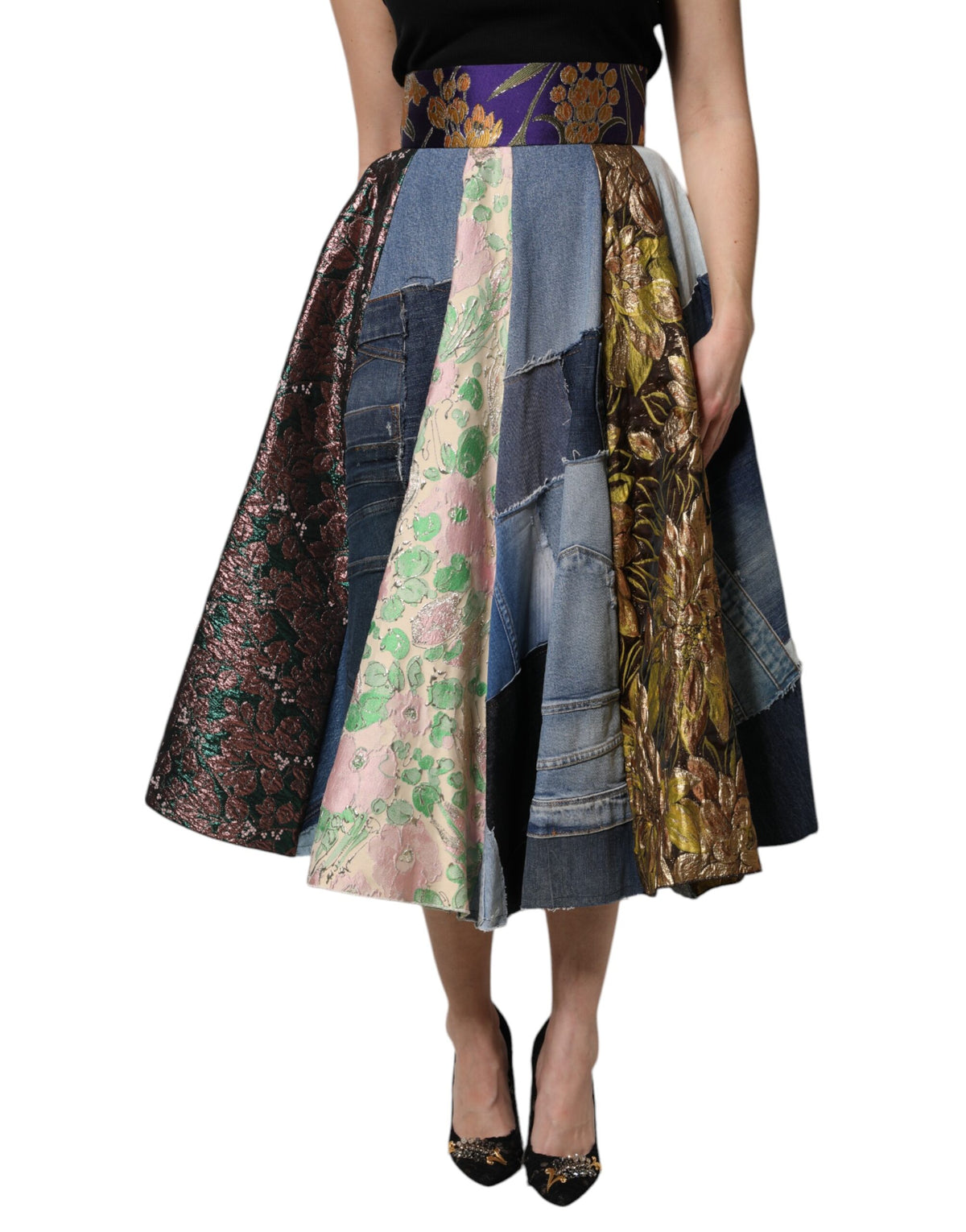 Dolce & Gabbana Multicolor Patchwork Midirock mit hoher Taille