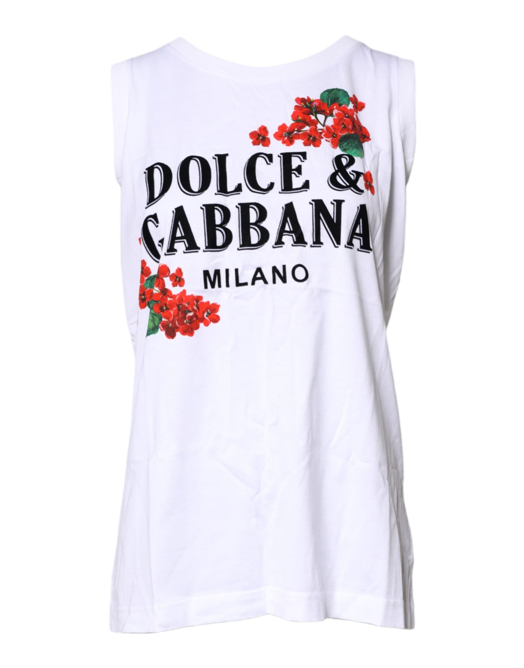 Dolce & Gabbana Weißes T-Shirt aus ärmelloser Baumwolle mit Blumendruck