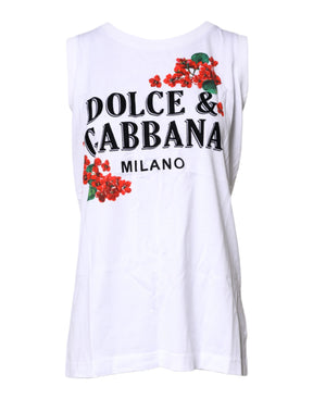 Dolce & Gabbana Weißes T-Shirt aus ärmelloser Baumwolle mit Blumendruck