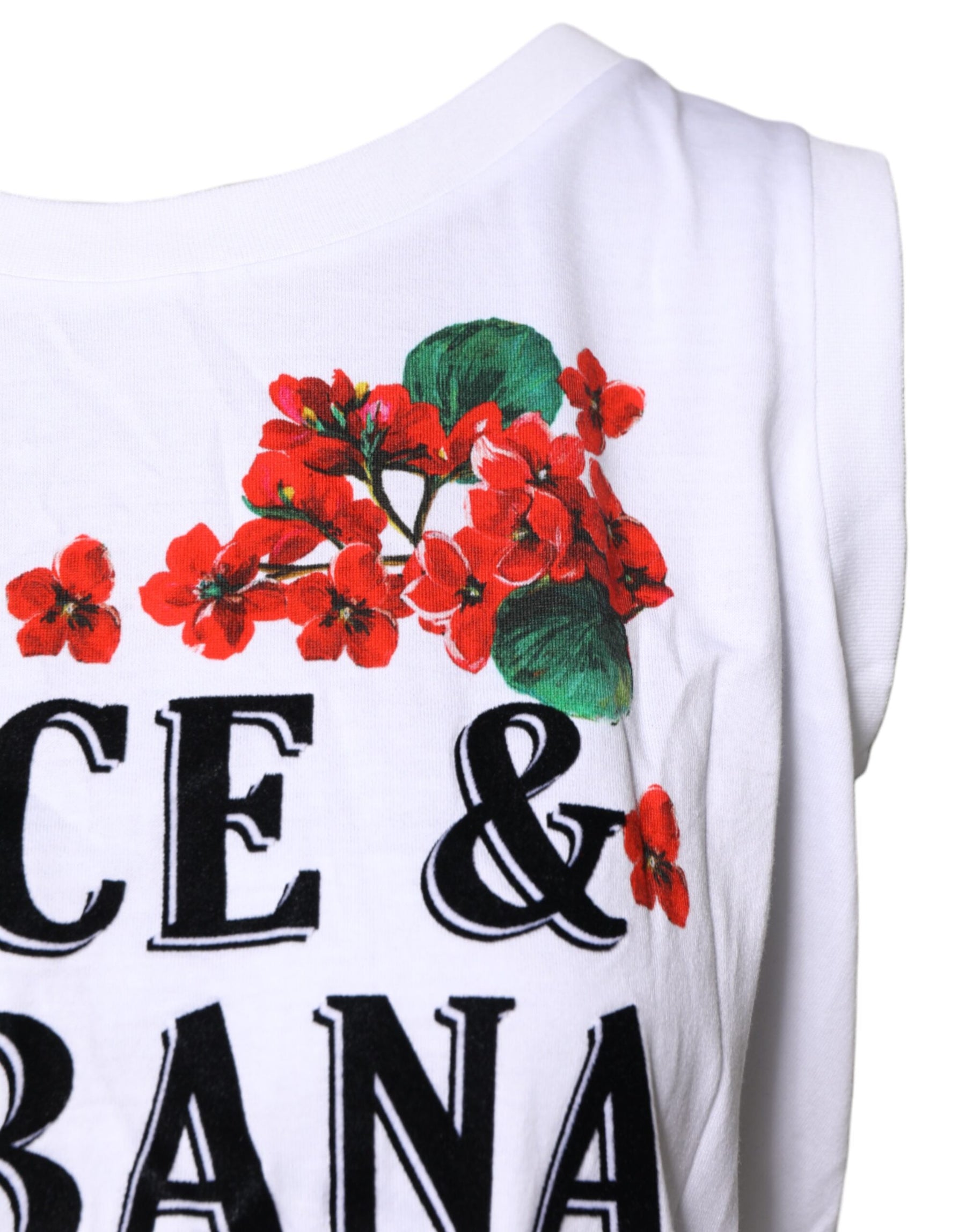Dolce & Gabbana Weißes T-Shirt aus ärmelloser Baumwolle mit Blumendruck