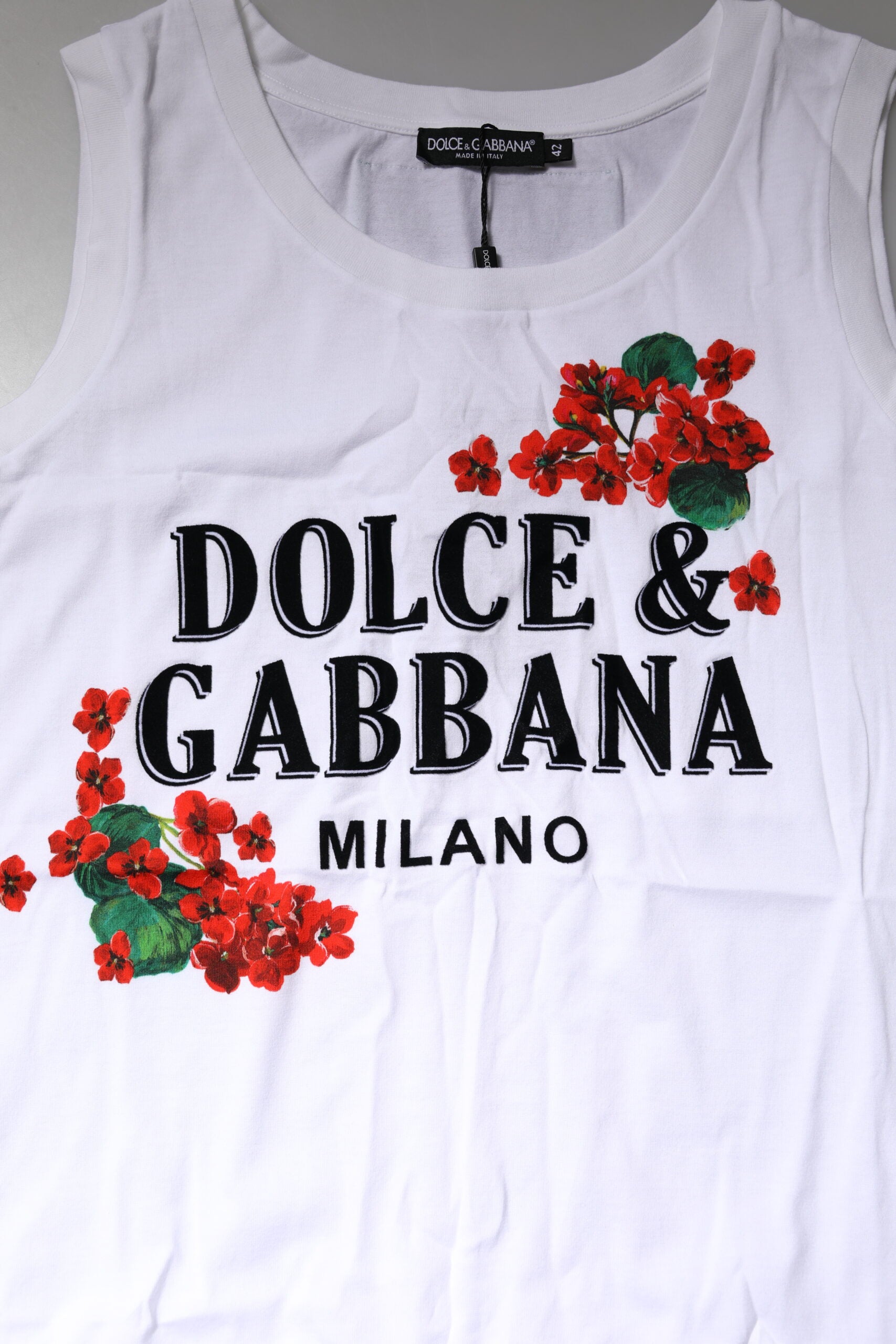 Dolce & Gabbana Weißes T-Shirt aus ärmelloser Baumwolle mit Blumendruck