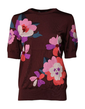 Dolce & Gabbana Maroon Floral Silk Rundhalsausschnitt Bluse Top