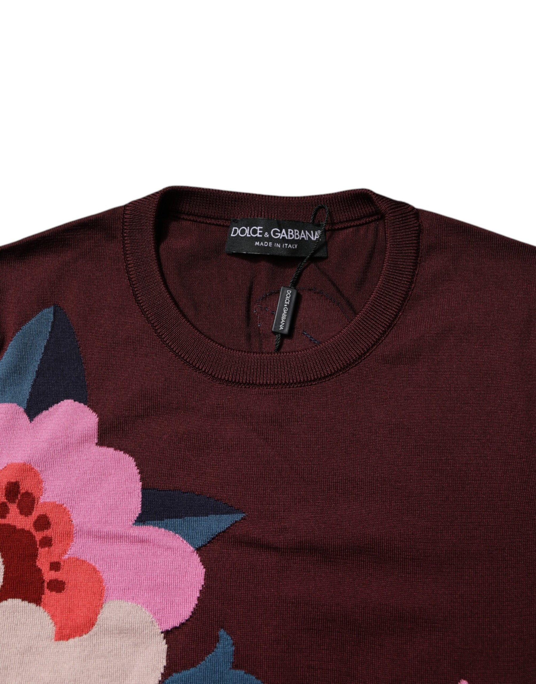 Dolce & Gabbana Maroon Floral Silk Rundhalsausschnitt Bluse Top