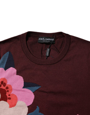 Dolce & Gabbana Maroon Floral Silk Rundhalsausschnitt Bluse Top