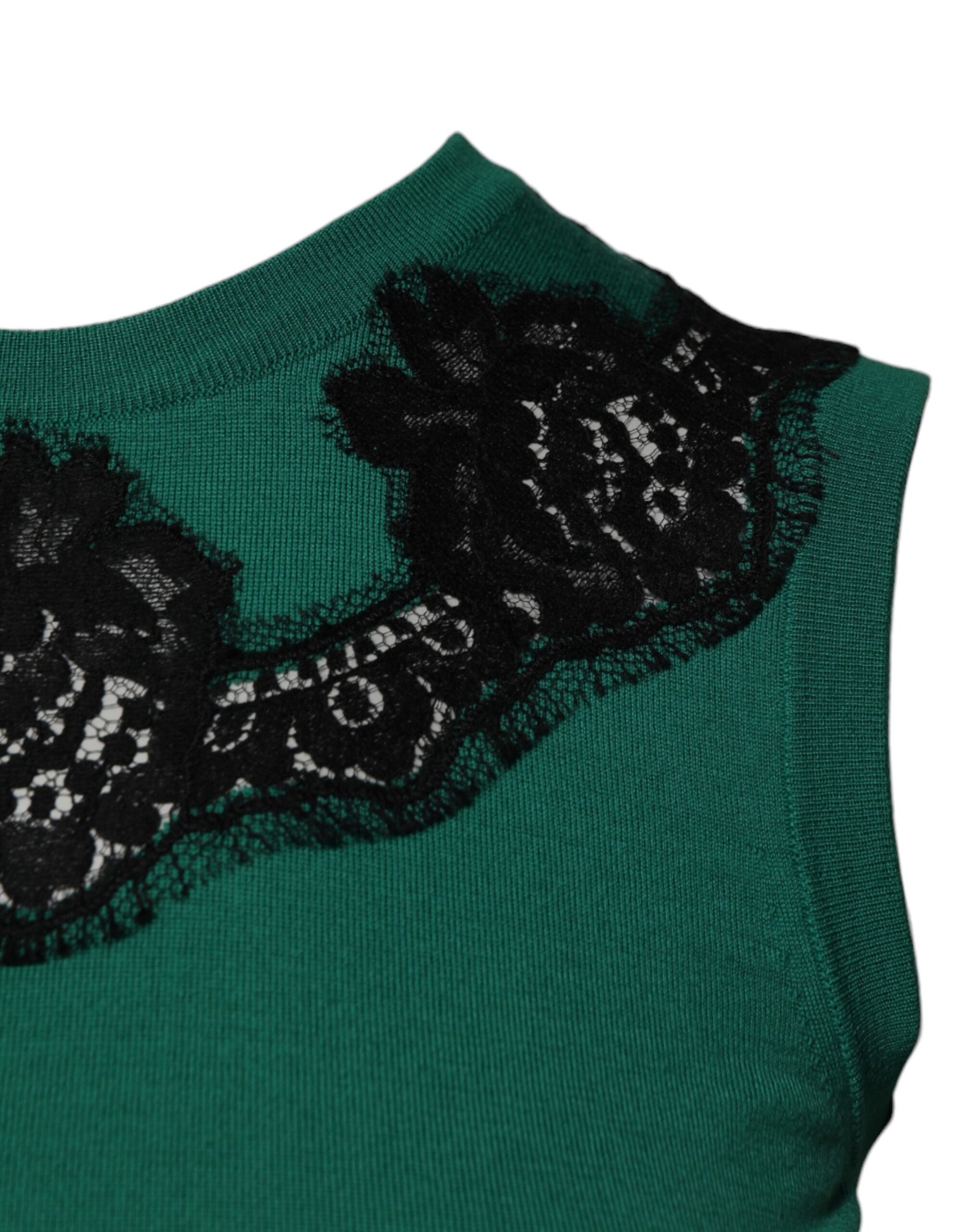Dolce & Gabbana Grünes ärmelloses Tanktop aus Wolle mit Spitzendetail
