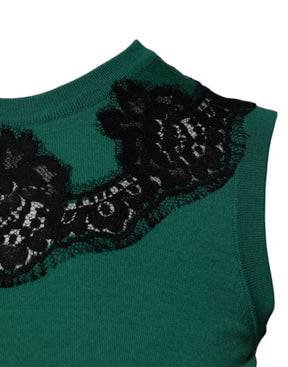 Dolce & Gabbana Grünes ärmelloses Tanktop aus Wolle mit Spitzendetail