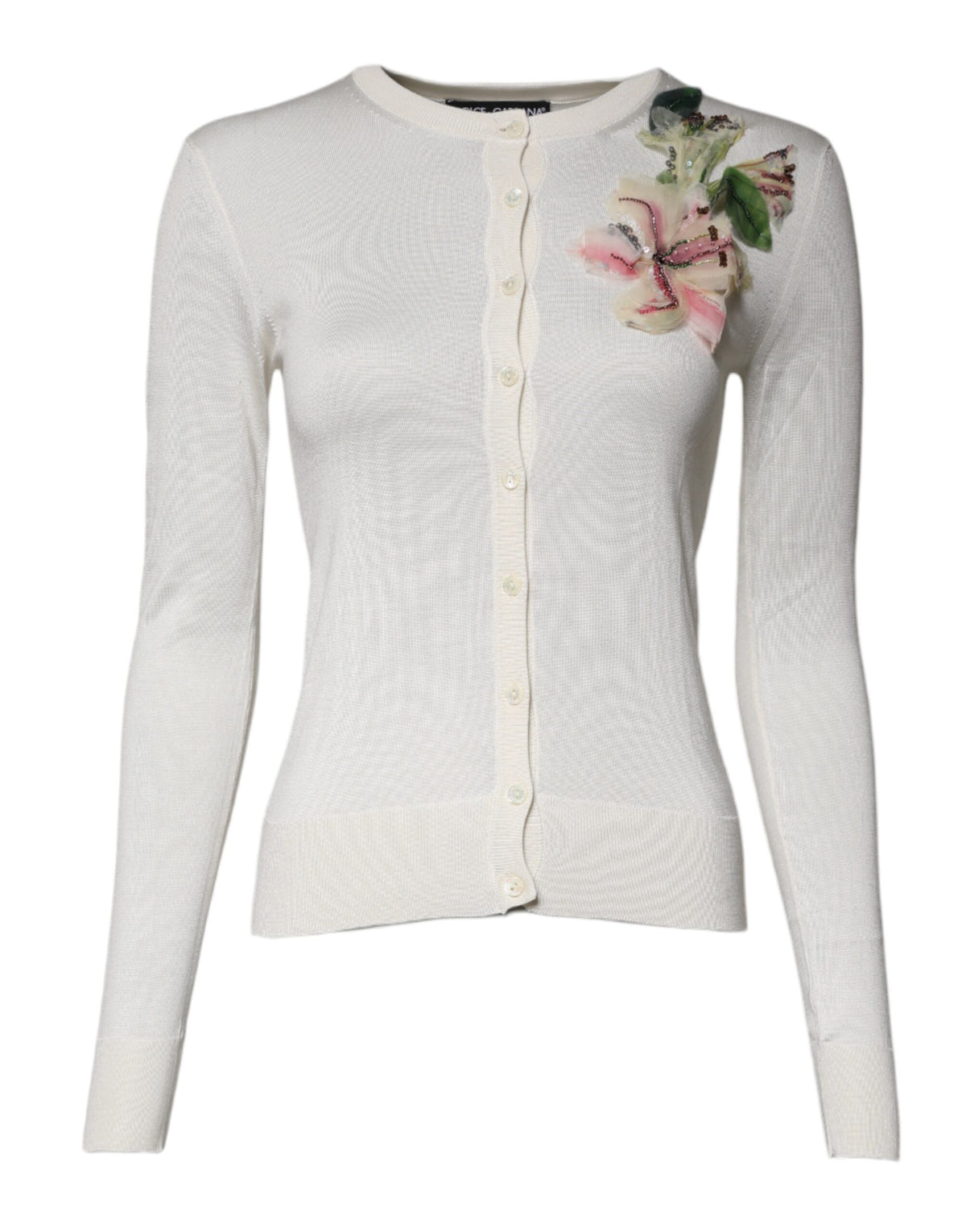 Dolce & Gabbana Cremefarbener, floraler Strickpullover aus Seide mit Verzierungen
