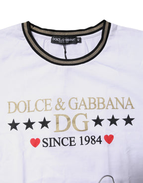 Dolce & Gabbana Weißes bedrucktes Baumwoll-T-Shirt mit Rundhalsausschnitt