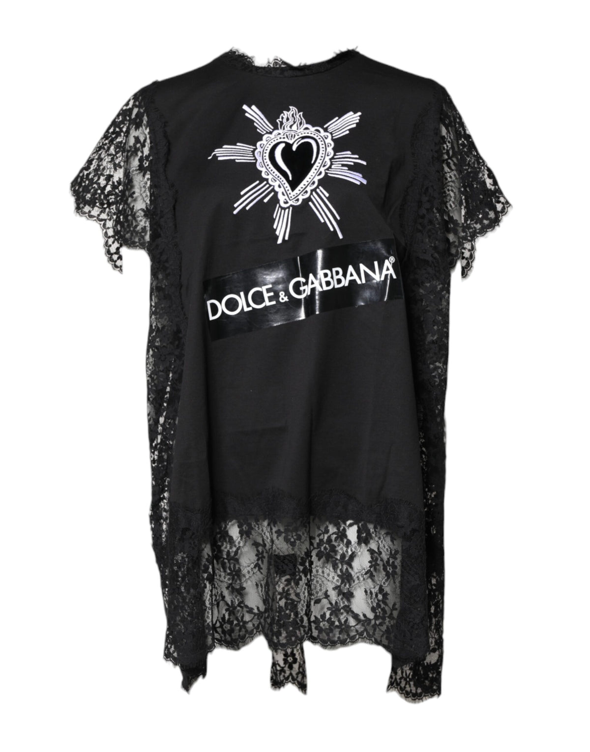 Dolce & Gabbana Schwarzes Top mit Rundhalsausschnitt aus transparenter Spitze Sacred Heart