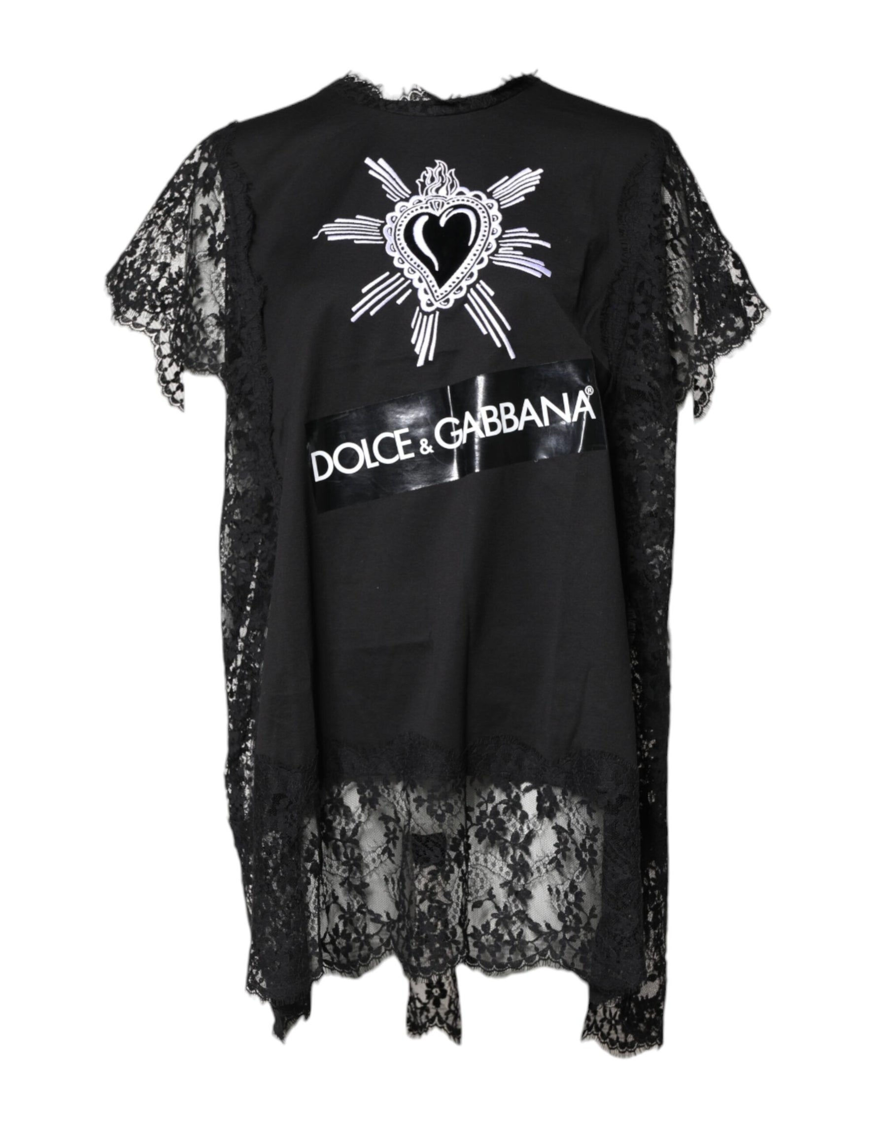 Dolce & Gabbana Schwarzes Top mit Rundhalsausschnitt aus transparenter Spitze Sacred Heart