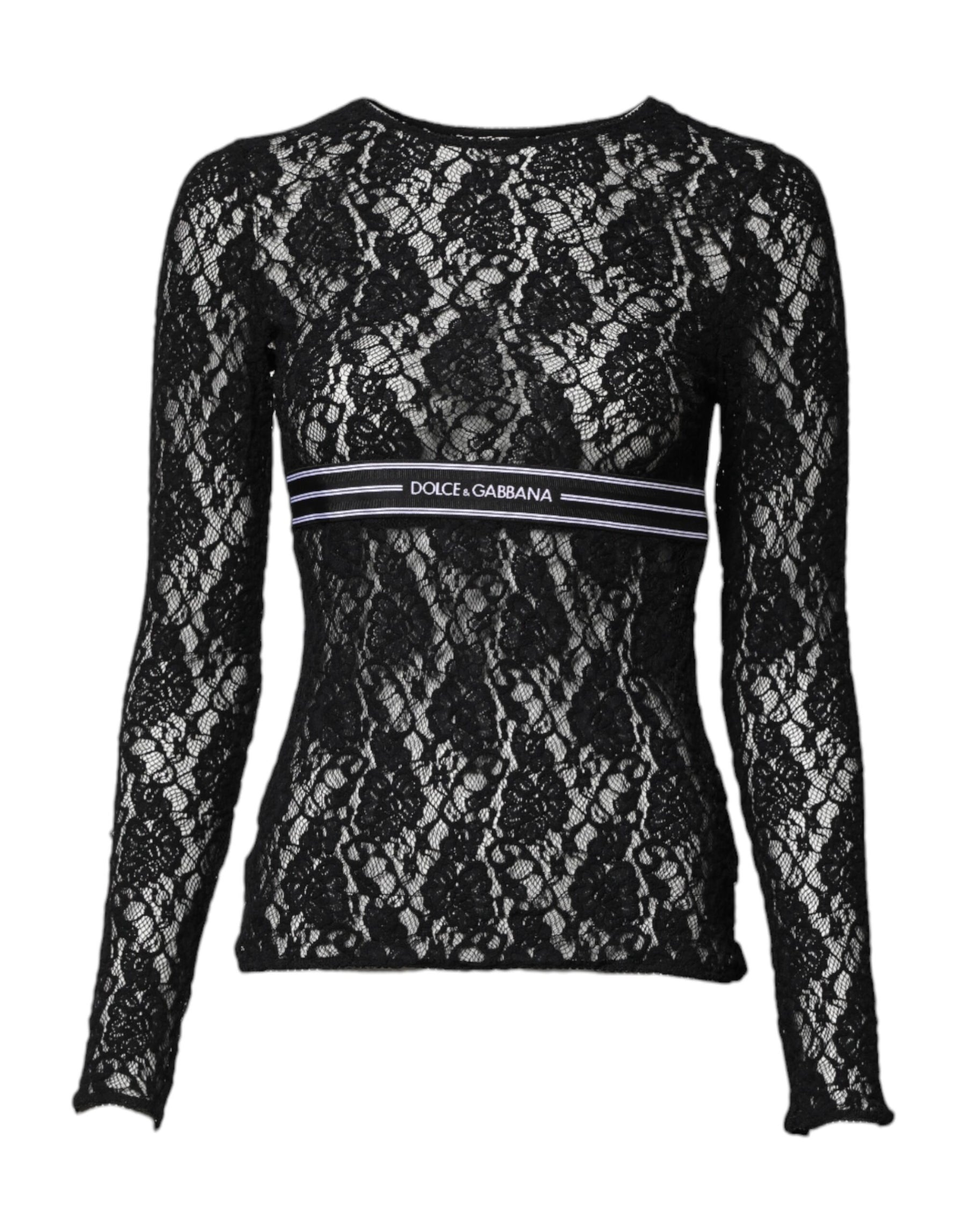 Dolce & Gabbana Schwarzes langärmeliges Pullover-Top mit floraler Spitze