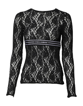 Dolce & Gabbana Schwarzes langärmeliges Pullover-Top mit floraler Spitze