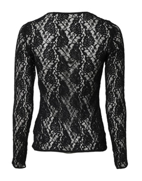 Dolce & Gabbana Schwarzes langärmeliges Pullover-Top mit floraler Spitze