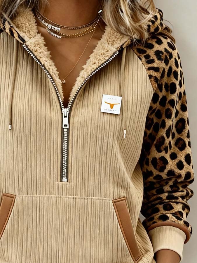 Damen Teddy Hoodie Winter Leo Sweatshirt beige warm