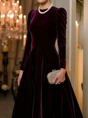 Elegant Velvet Plain Midi Dress With Puffed Sleeves