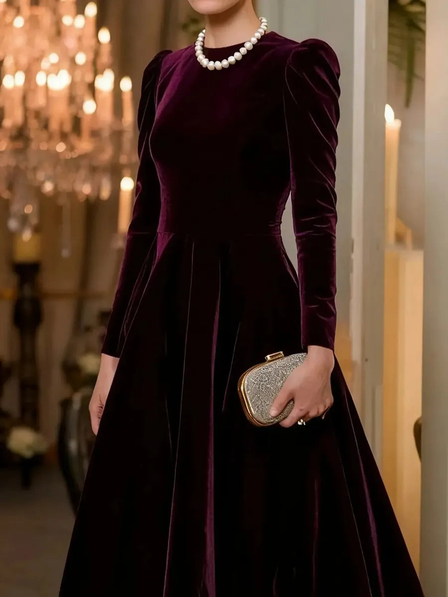 Elegant Velvet Plain Midi Dress With Puffed Sleeves