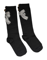 Dolce & Gabbana Schwarz gestrickte Socken mit floraler Kristall-Verzierung
