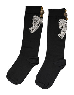 Dolce & Gabbana Schwarz gestrickte Socken mit floraler Kristall-Verzierung