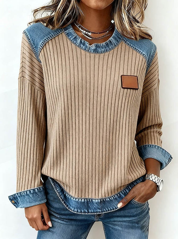 Winter Damen Waffel Longsleeve mit Denim Look, warm casual