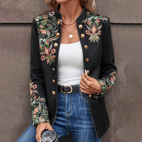 Chic & Wärmend: Schwarze Winterjacke mit Blumenprint - Long Sleeve Outerwear