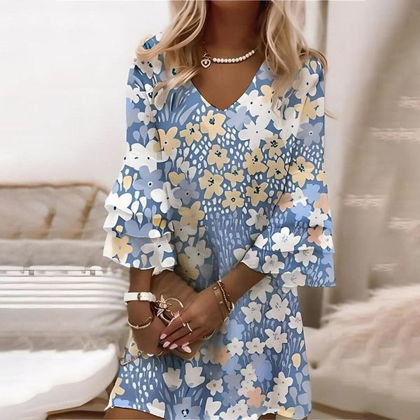 Blue Floral Print V-Neck Mini Dress - Frühlingsfrische Eleganz & luxuriöser Tragekomfort