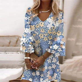 Blue Floral Print V-Neck Mini Dress - Frühlingsfrische Eleganz & luxuriöser Tragekomfort