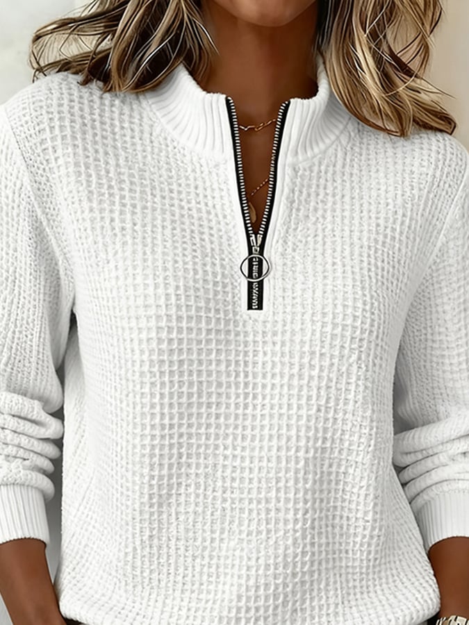 Kuscheliges Waffelstrick Sweatshirt Damen Winter Weiß Zipper