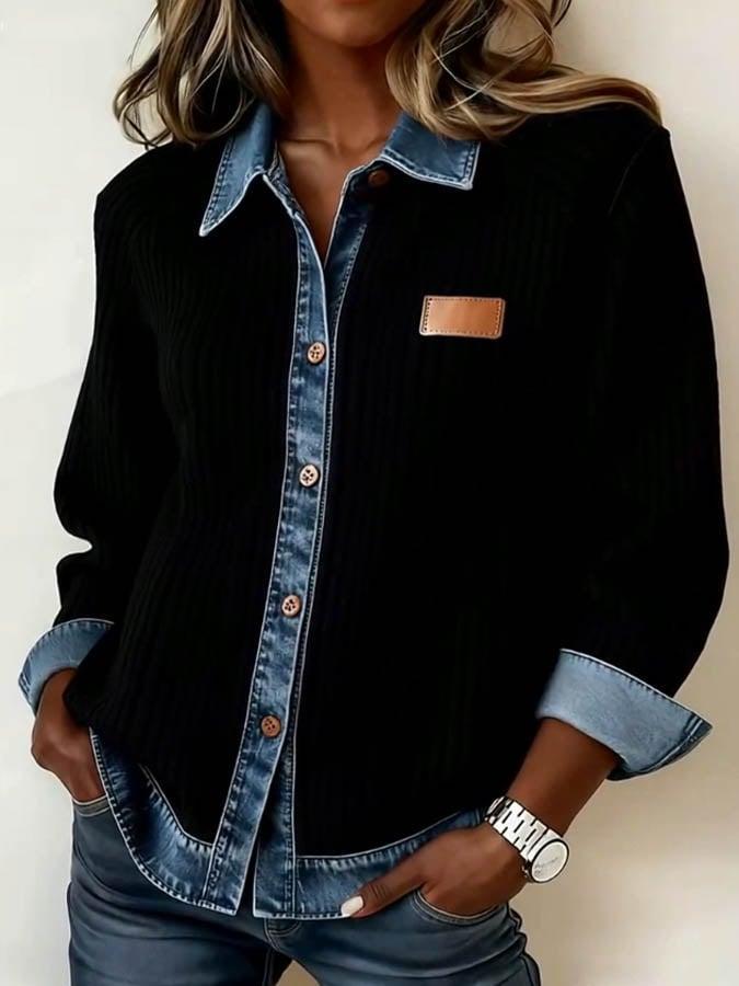 Winter Damen Jeanshemd Schwarz mit Denimkragen Longsleeve
