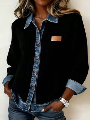 Winter Damen Patchwork Denim Jacke warm casual loose schwarz