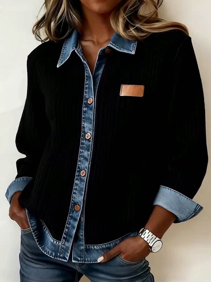 Winter Damen Patchwork Denim Jacke warm casual loose schwarz