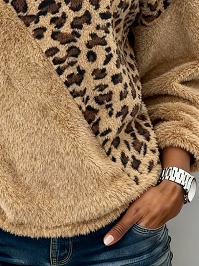 Kuscheliges Leo Sweatshirt Winter Damen Teddy Fleece Braun