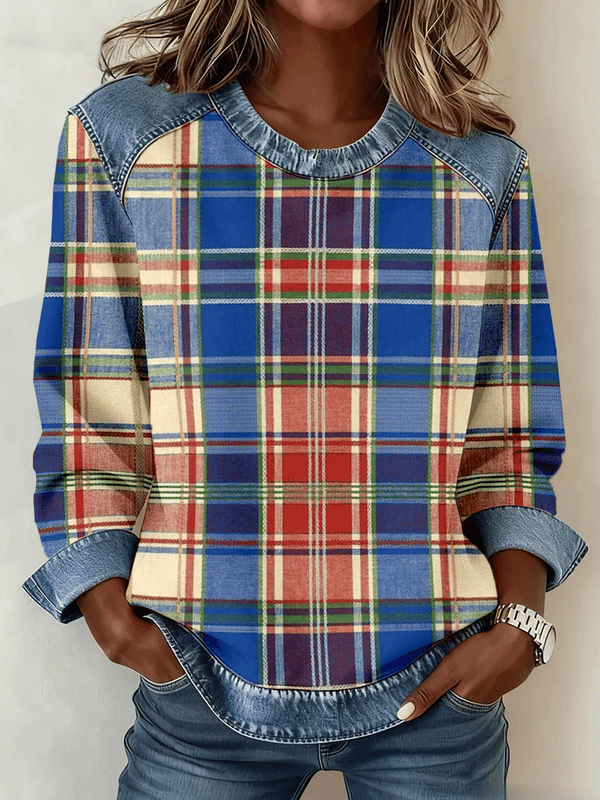 Kariertes Denim Patchwork Sweatshirt warm für Wintertage