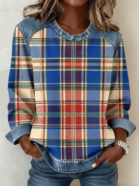Kariertes Denim Patchwork Sweatshirt warm für Wintertage