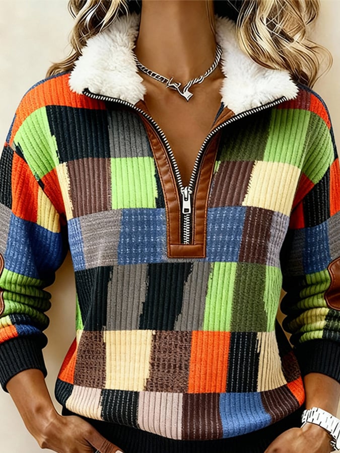 Winter Teddy Sweatshirt Damen Patchwork Warm Kuschelpulli