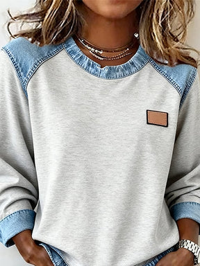 Warmer Damen Winterpullover grau mit Denim Patchwork