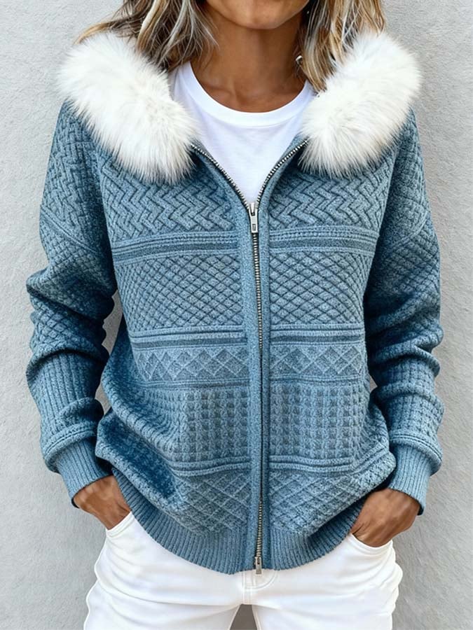 Kuschelige Winter Damen Patchwork Jacke mit Fellkapuze