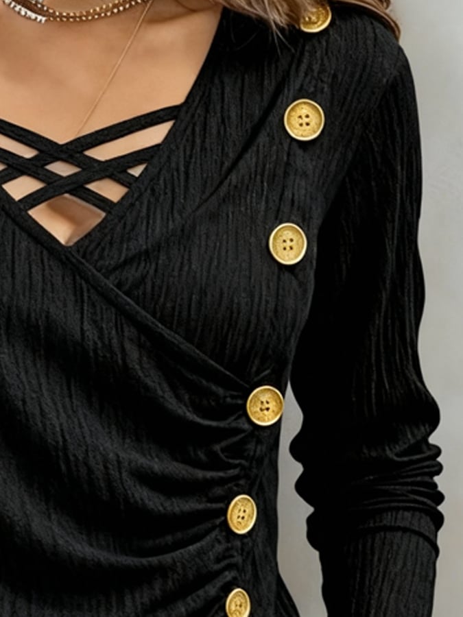 Schwarzes Winter Off-Shoulder Top mit Goldknöpfen warm & chic