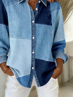 Winter Damen Patchwork Denim Shirt Loose Fit Casual Hemd