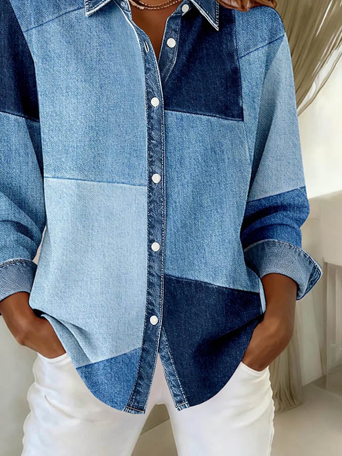 Winter Damen Patchwork Denim Shirt Loose Fit Casual Hemd