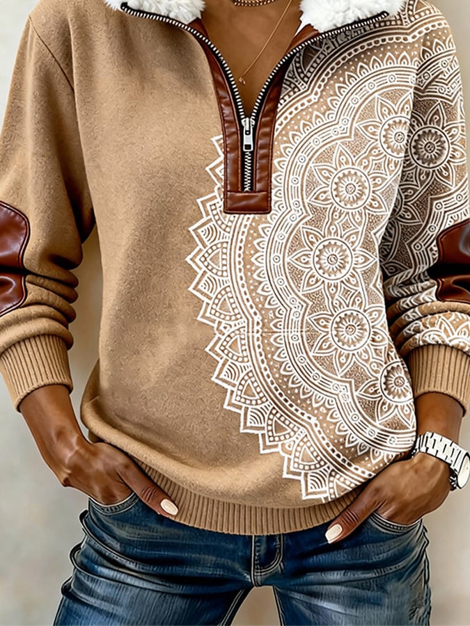 Winter Damen Teddy Sweatshirt Mandala Beige Kuschelpullover