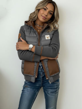 Damen Winter Steppjacke mit Kapuze Grau Braun Warm Casual