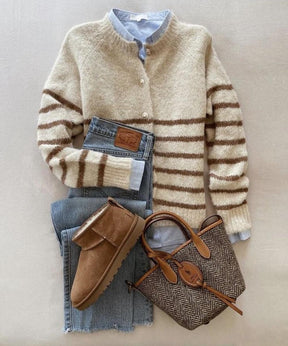 Herbstlicher Apricot Long Sleeve Striped Cardigan - Chic & Kuschelig