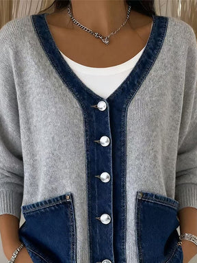 Warme Damen Strickjacke Grau mit Denim – Winter Cardigan
